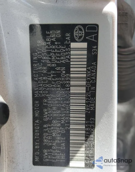 2018 Toyota Corolla L from USA, damaged, VIN 2T1BURHE6JC048899